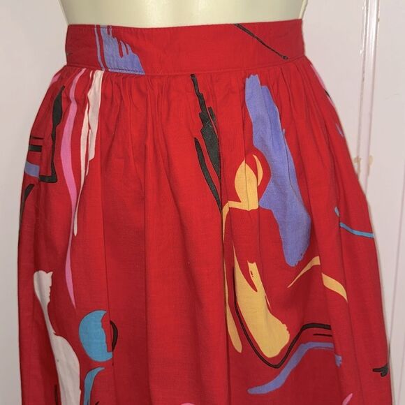 Vintage 80s Pliers Brand Abstract Pattern Red Cotton/Polyester Midi Skirt - Picture 3 of 10